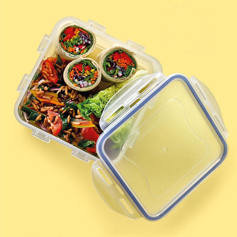Pote plástico cuadrado para comida fría con tapa bisagra y precinto de  seguridad de 390cc x 50 unidades.