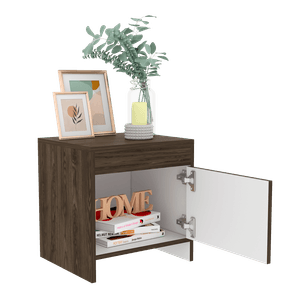 Mesa de Noche Tutto, Chocolate y Blanco, con un cajón amplio ideal para espacios pequeños