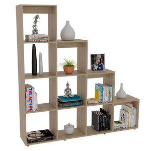 Biblioteca Escalera Asher, Beige, con variedad de espacios para libros y artículos decorativos