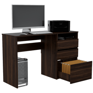 Escritorio Taira, Caoba, con dos cajones multiusos y un cajón archivador adicional