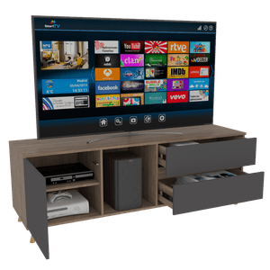 Mesa para TV Nashira, Miel y Plata oscuro, con espacio para televisor de hasta 60 pulgadas