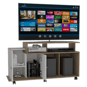 Mesa para tv Atena, Miel y Blanco Nevado, con espacio para televisor de 50 pulgadas