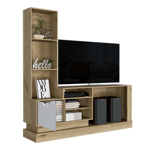 Mesa de TV Singapur, Café claro y Blanco, para televisor de 55 pulgadas