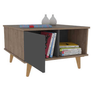 Mesa de Centro Nashira, Miel y Plata oscuro, con una puerta y patas de madera