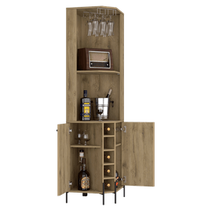 Bar Esquinero Sharon, Macadamia, con espacio superior para almacenar copas de vino